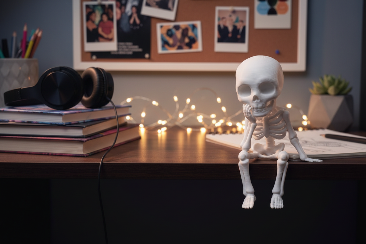 Sitting Sad Skeleton Figure on an alternative bedroom desk with books and headphones