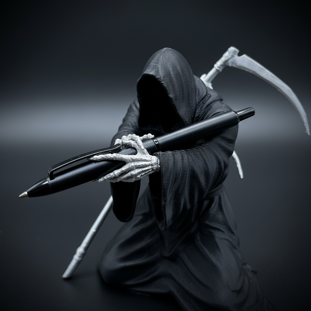 Close-up macro of skeletal claws gripping pen — Grim Reaper Pen Holder