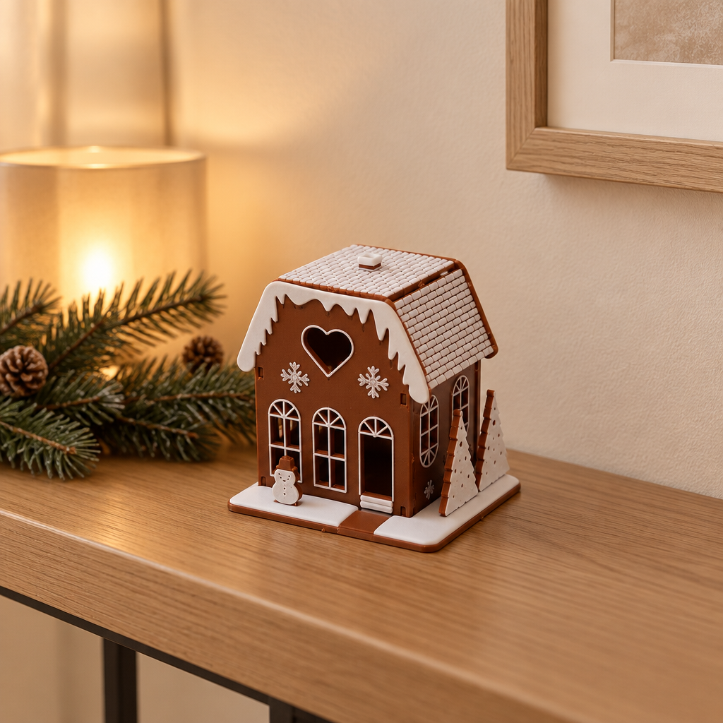 Brown miniature Christmas house on an entryway console with festive greenery