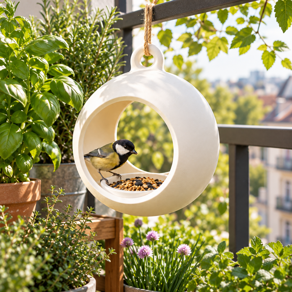 Round hanging feeder on a herb-filled balcony
