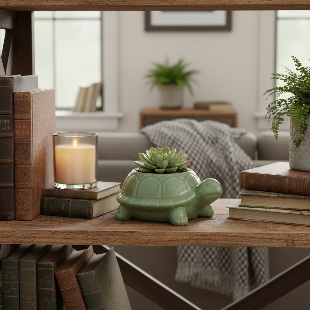 Sage green turtle planter with a tiny succulent on a wooden shelf with books and a candle