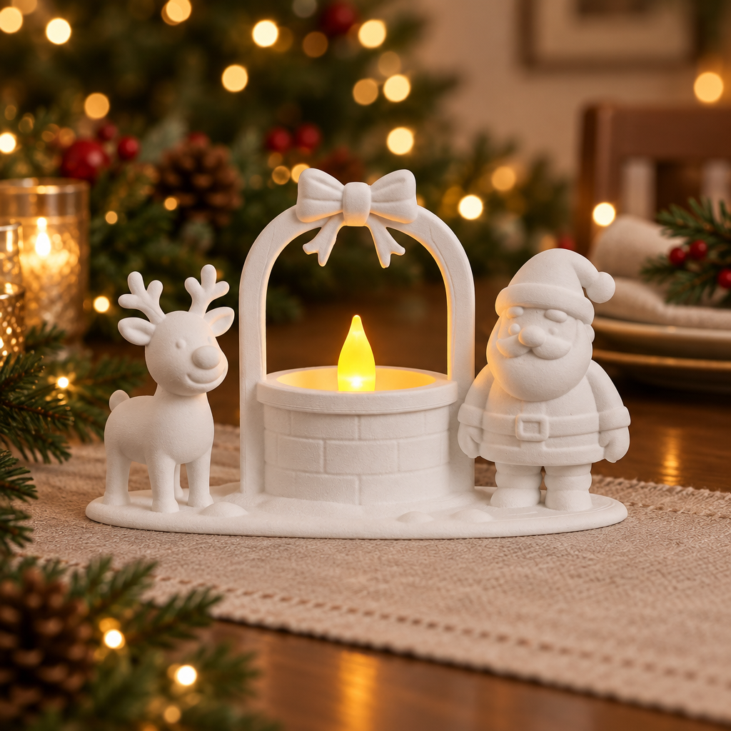 Santa and reindeer tealight well holder displayed on a festive dining table