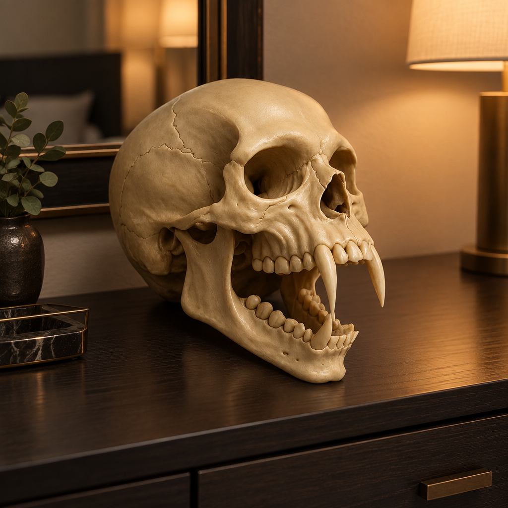 Pale open-jaw vampire skull displayed directly on a dark bedroom dresser