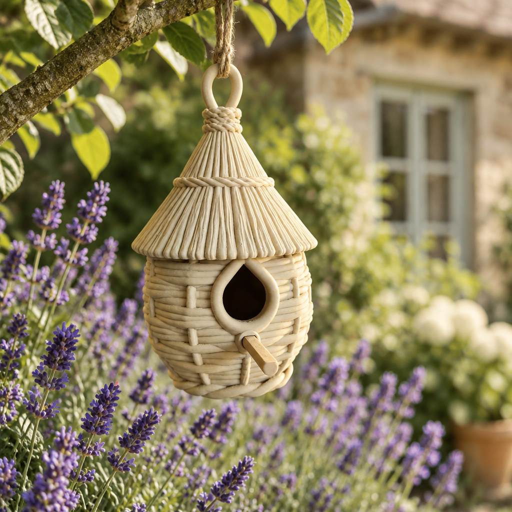 Weave Birdhouse in a cottage garden