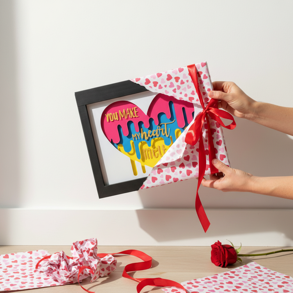 You Make My Heart Melt Shadow Box being unwrapped as a Valentine's Day gift with ribbon and wrapping paper