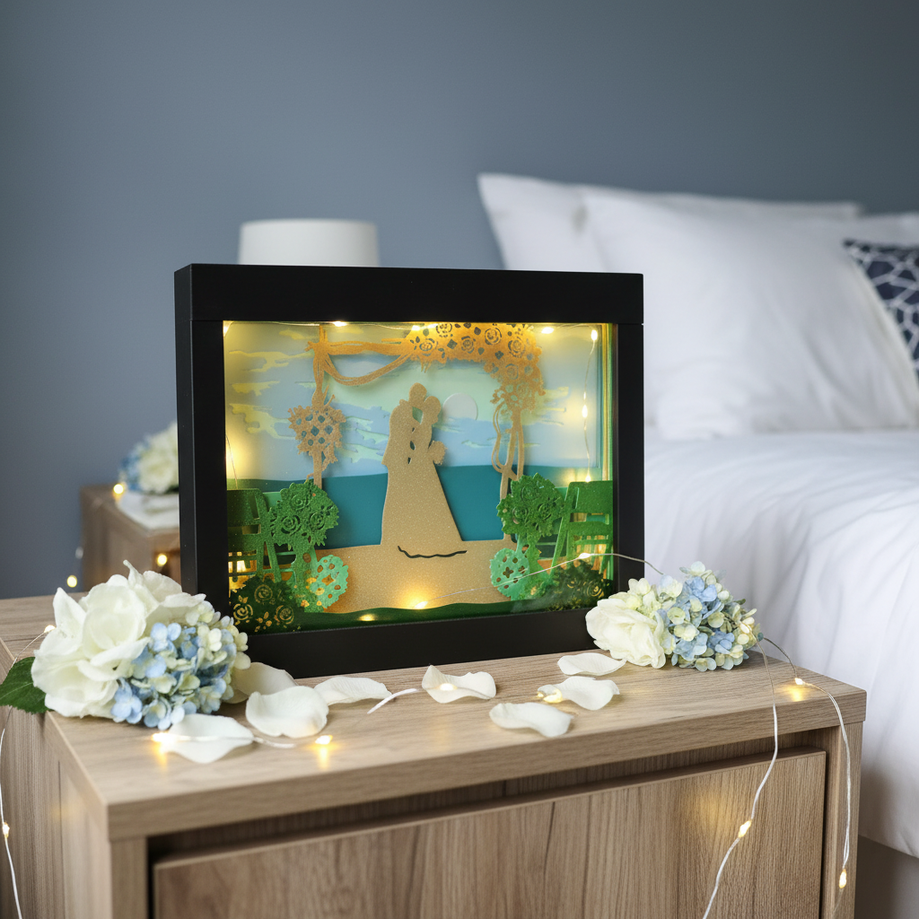 Wedding Shadow Box glowing on a bedside table in a romantic bedroom with fairy lights and flowers