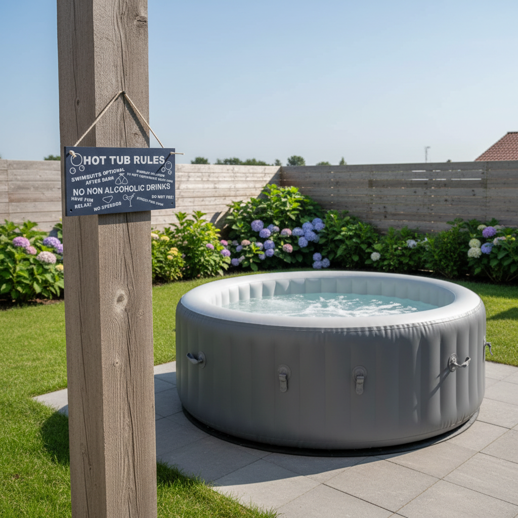 Hot Tub Rules Sign shown at realistic scale beside an inflatable hot tub