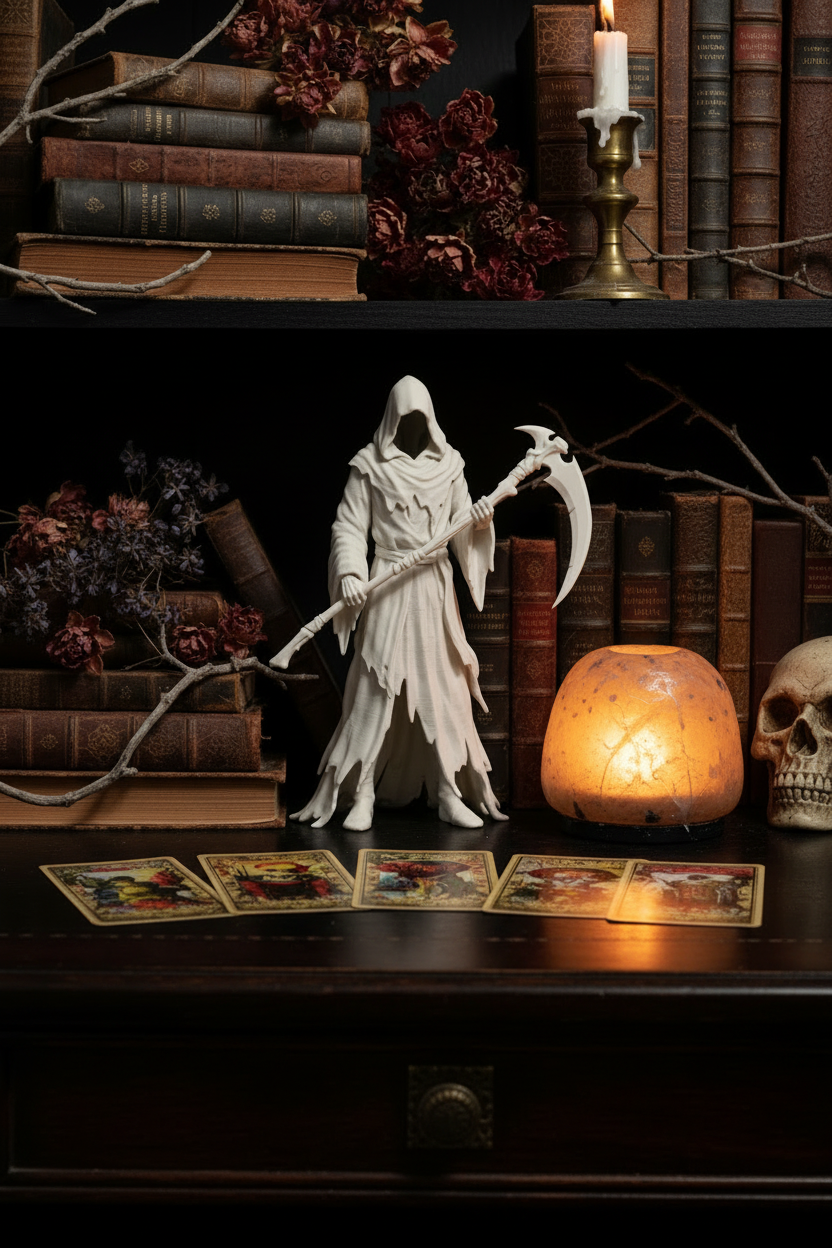 Grim Reaper figure on gothic desk with skull lamp and tarot cards