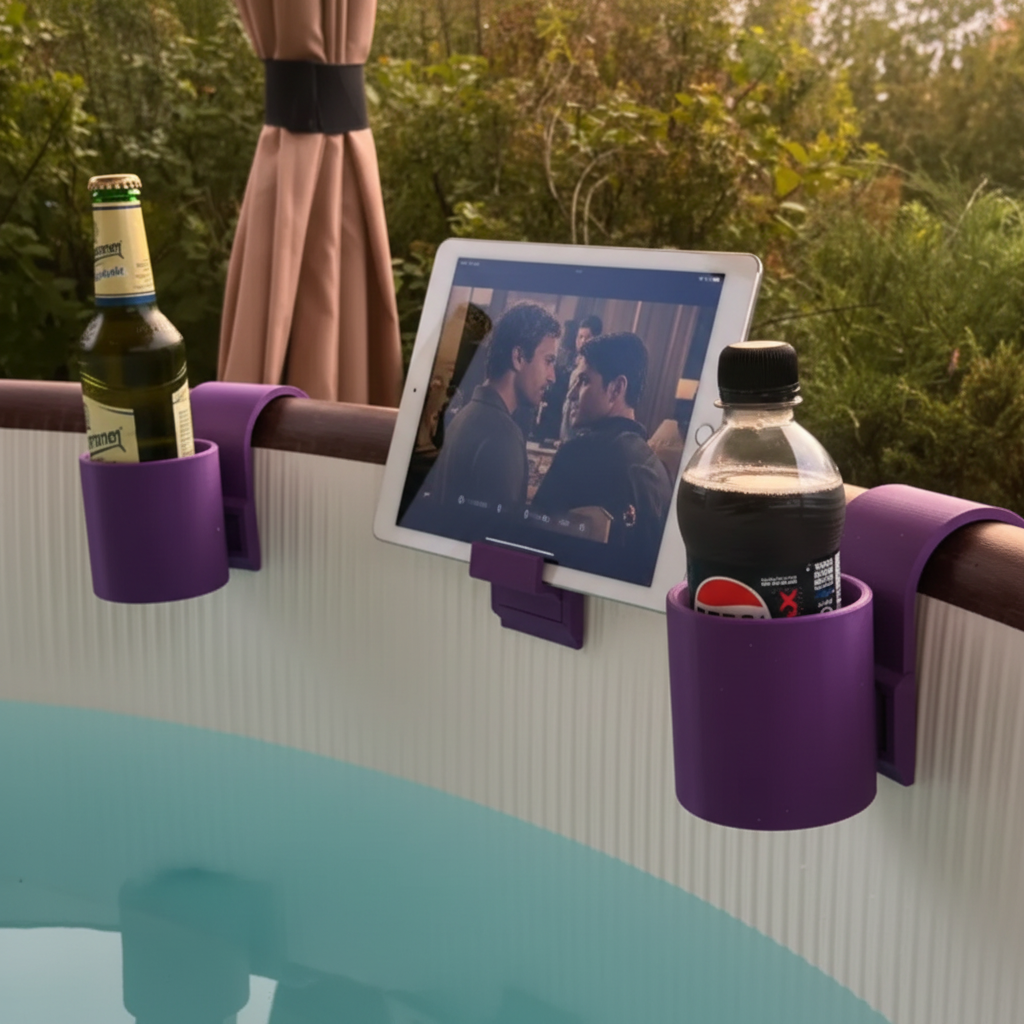 Purple modular hot tub caddy with tablet holder showing movie and single bottle holder in evening garden spa