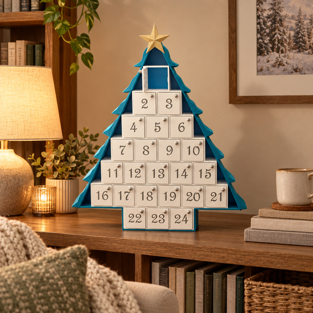Christmas tree advent calendar displayed in a cosy reading nook with a softly lit neutral interior