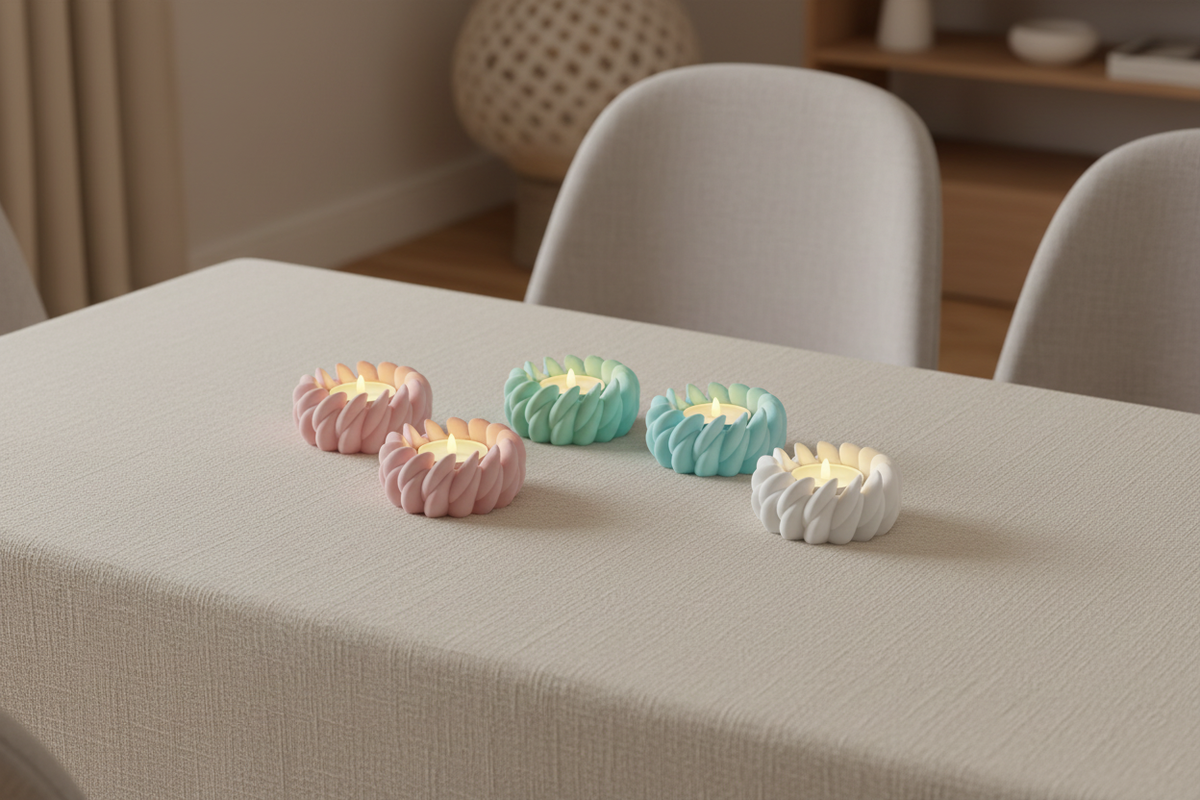 Five Swirl Tealight Holders pastel pink mint green sky blue orange white spiral twisted petal texture each glowing LED tealight loose arc pale linen dining table centrepiece warm contemporary interior wide editorial landscape