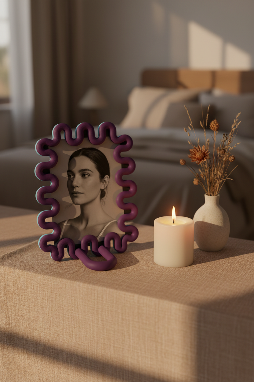 Purple wibble frame on linen bedroom shelf - lifestyle