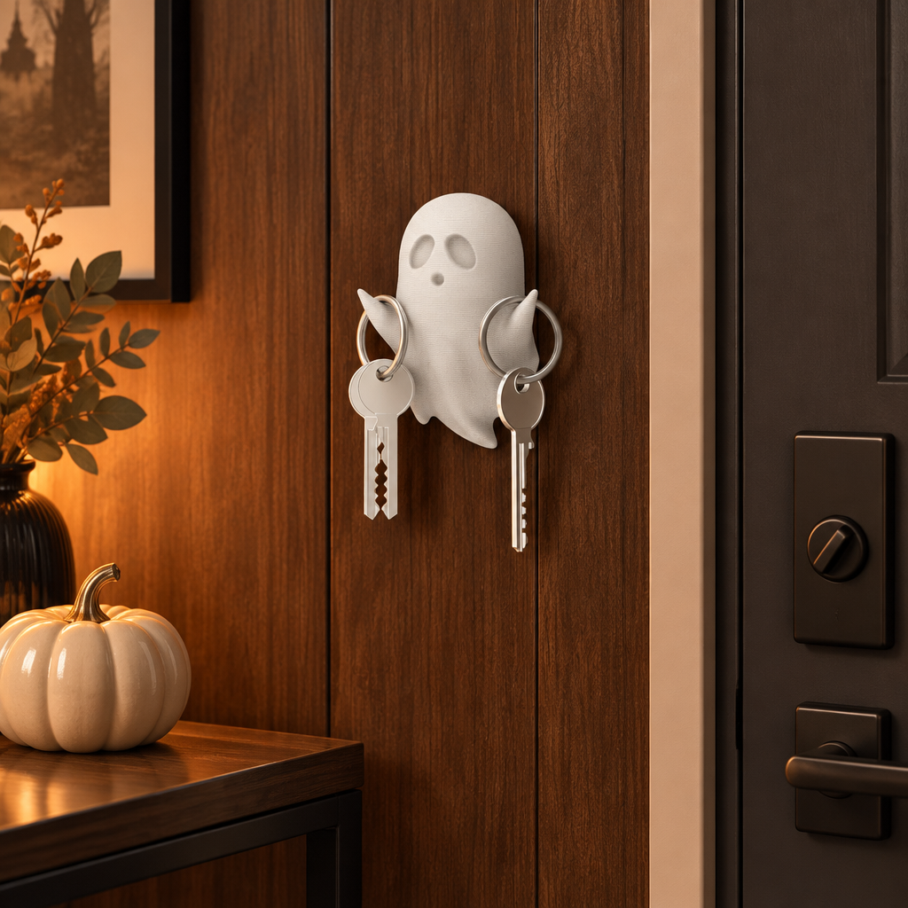 White ghost key holder mounted by a front door on walnut wall paneling