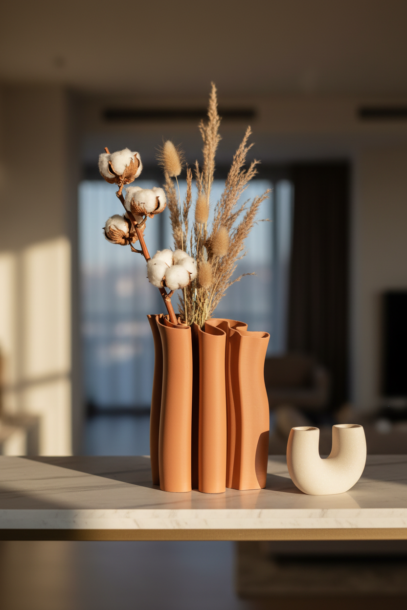 Fabric Ripple Vase terracotta orange matte undulating fabric-fold tube ripple rim dried cotton stems tall dried grasses pale marble shelf sophisticated minimal living room small sculptural object dramatic soft side light warm afternoon portrait
