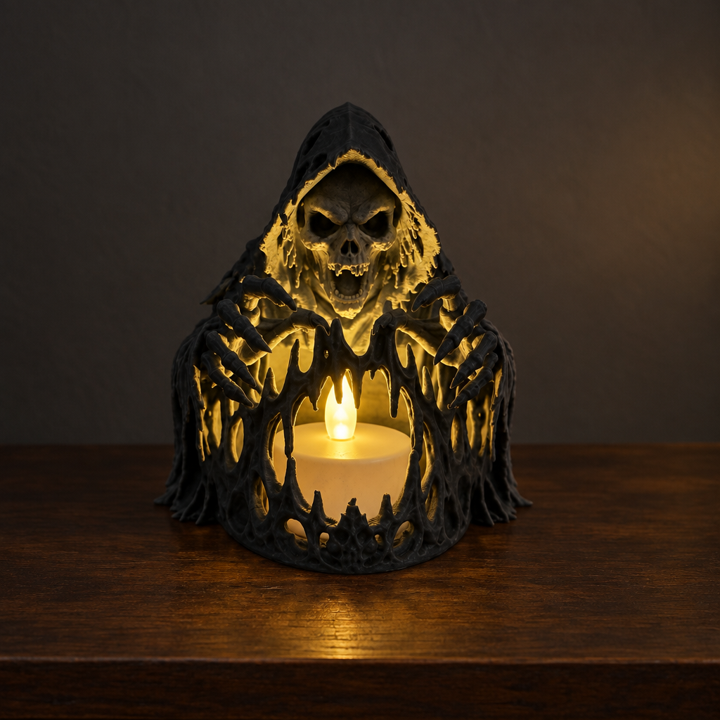 Black skeleton over a tealight holder glowing on a dark wooden console at twilight