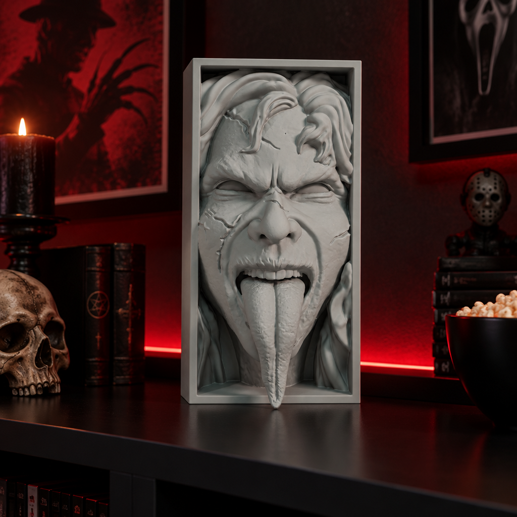 Paint-ready Exorcist shadow box displayed in a moody home cinema