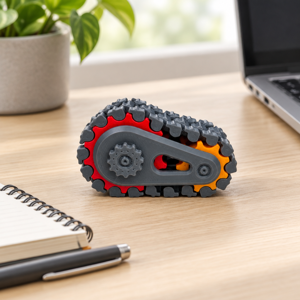 Grey Tank Track Gear Fidget on a pale oak desk