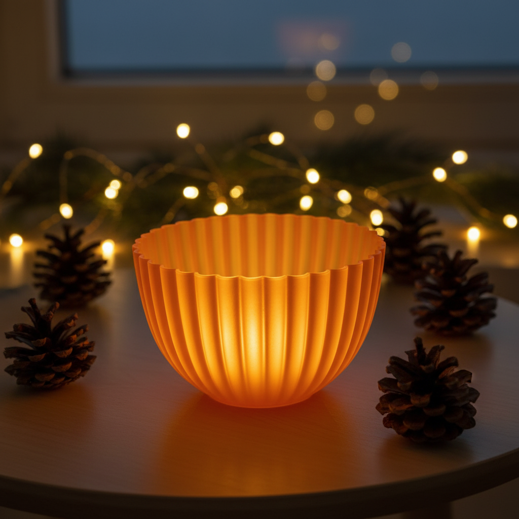 Ribbed Acorn Container - Orange colourway glowing with LED tealight