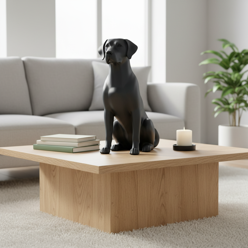 Matte black Labrador statue on an oak coffee table with books and a candle