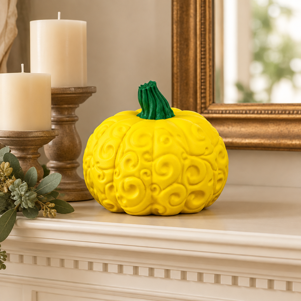 Yellow swirl pumpkin on cream mantel