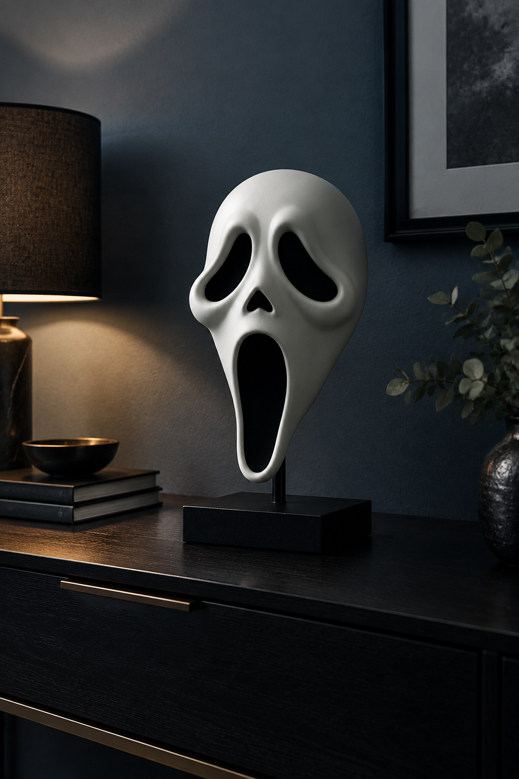 White Ghostface Mask displayed on a dark hallway console