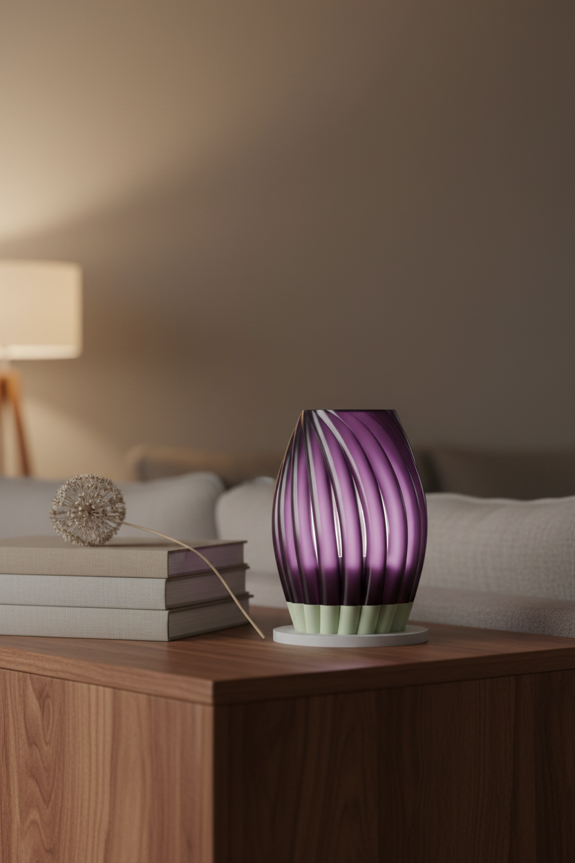 Twist Bloom Lamp rich purple with white base diagonal twist-blade spiral fins walnut console table linen books dried allium warm evening living room