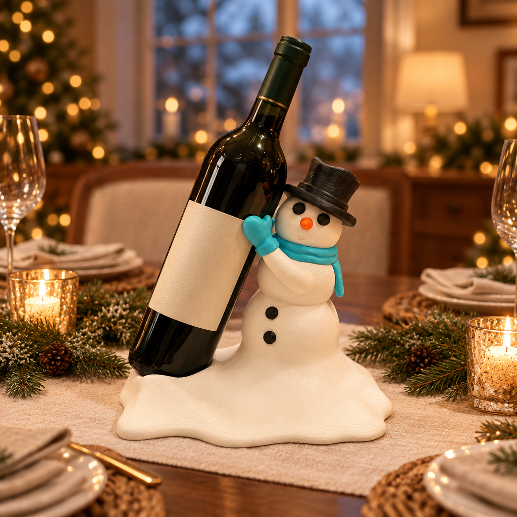 Snowman bottle holder with a plain bottle arranged on a winter dining table