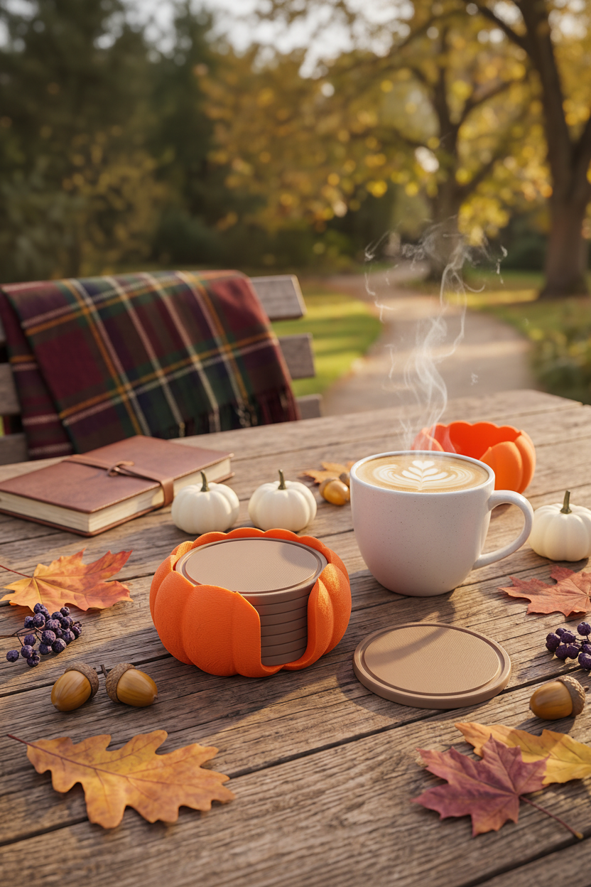 Pumpkin coaster set on rustic wooden table with latte mug and autumn leaves