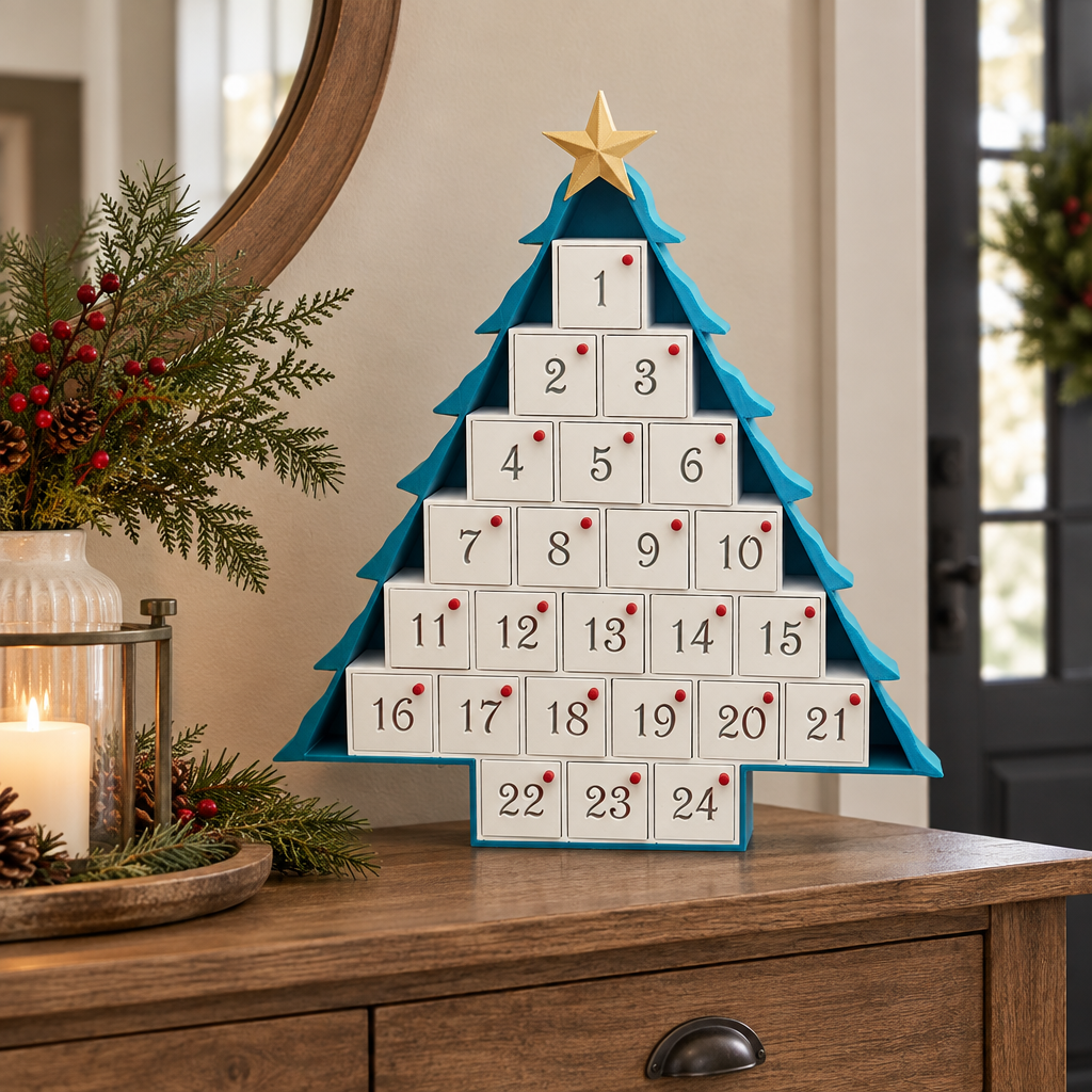 Tree-shaped advent calendar on an entryway console with understated festive greenery
