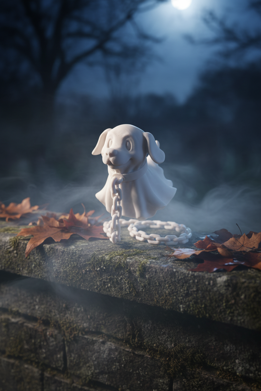 Ghost dog miniature figurine unpainted resin sad puppy face outdoors night weathered stone wall ground fog moonlight dry leaves atmospheric Halloween ghost scene portrait