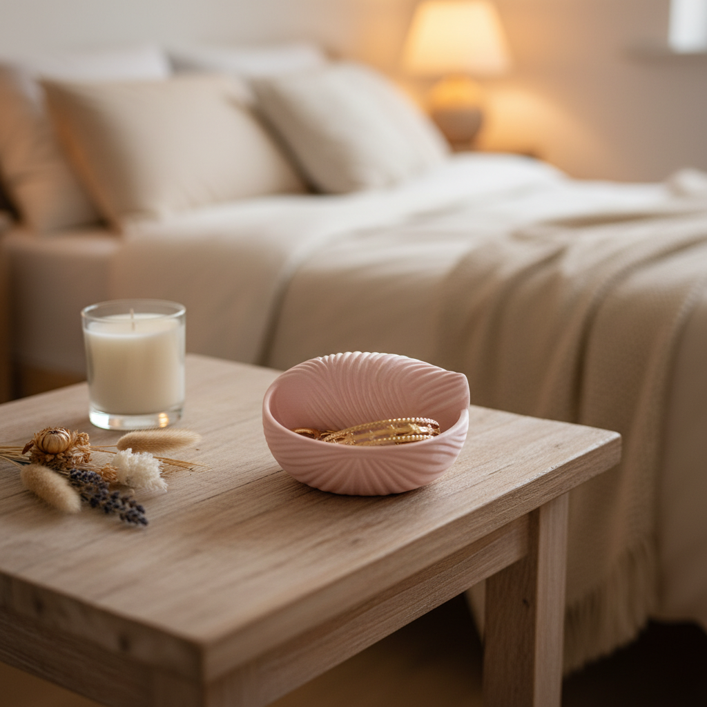 Dusty pink seashell jewellery bowl on wooden bedside table with candle and dried flowers