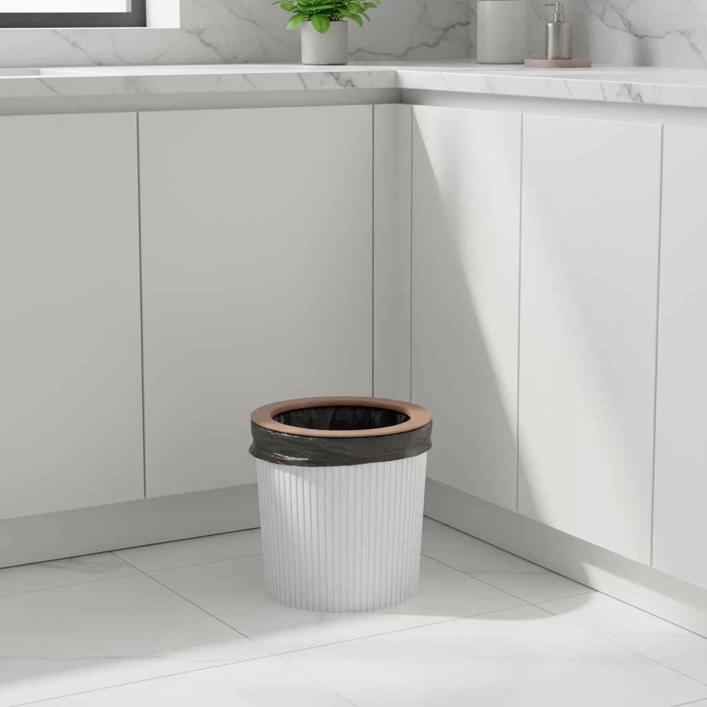Ribbed Striped Trash Bin with Rose Gold Ring in a bright modern kitchen corner