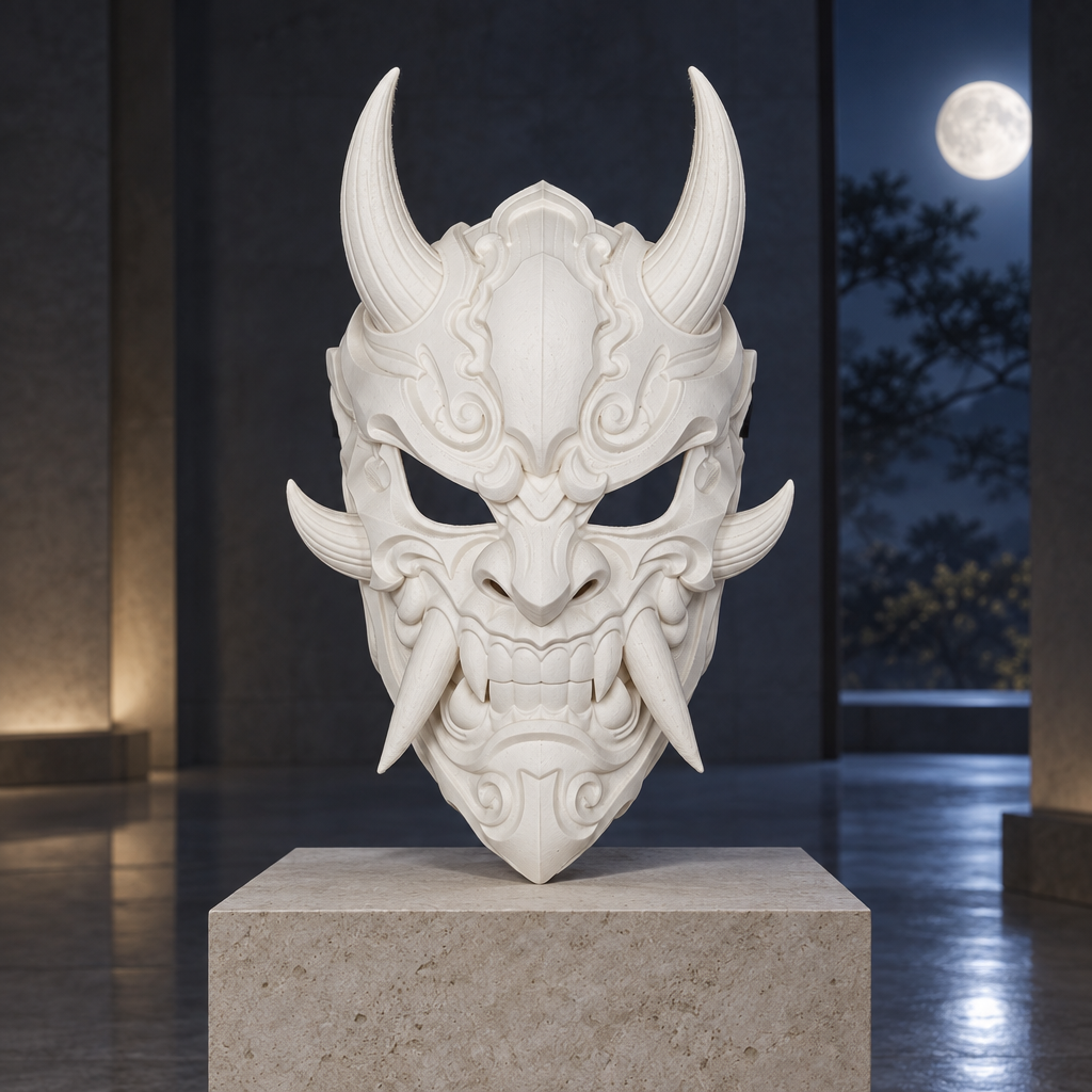 Uniform white Oni Demon Mask displayed on a pale stone stand in a moonlit gallery.