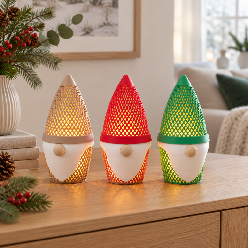 Set of three Christmas gonk tealight holders on a light oak sideboard in a modern living room