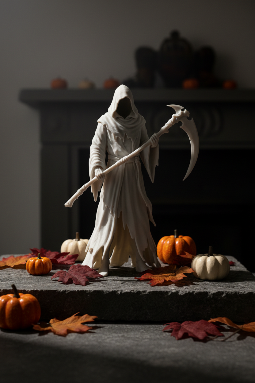 Grim Reaper figure Halloween vignette with pumpkins and autumn leaves
