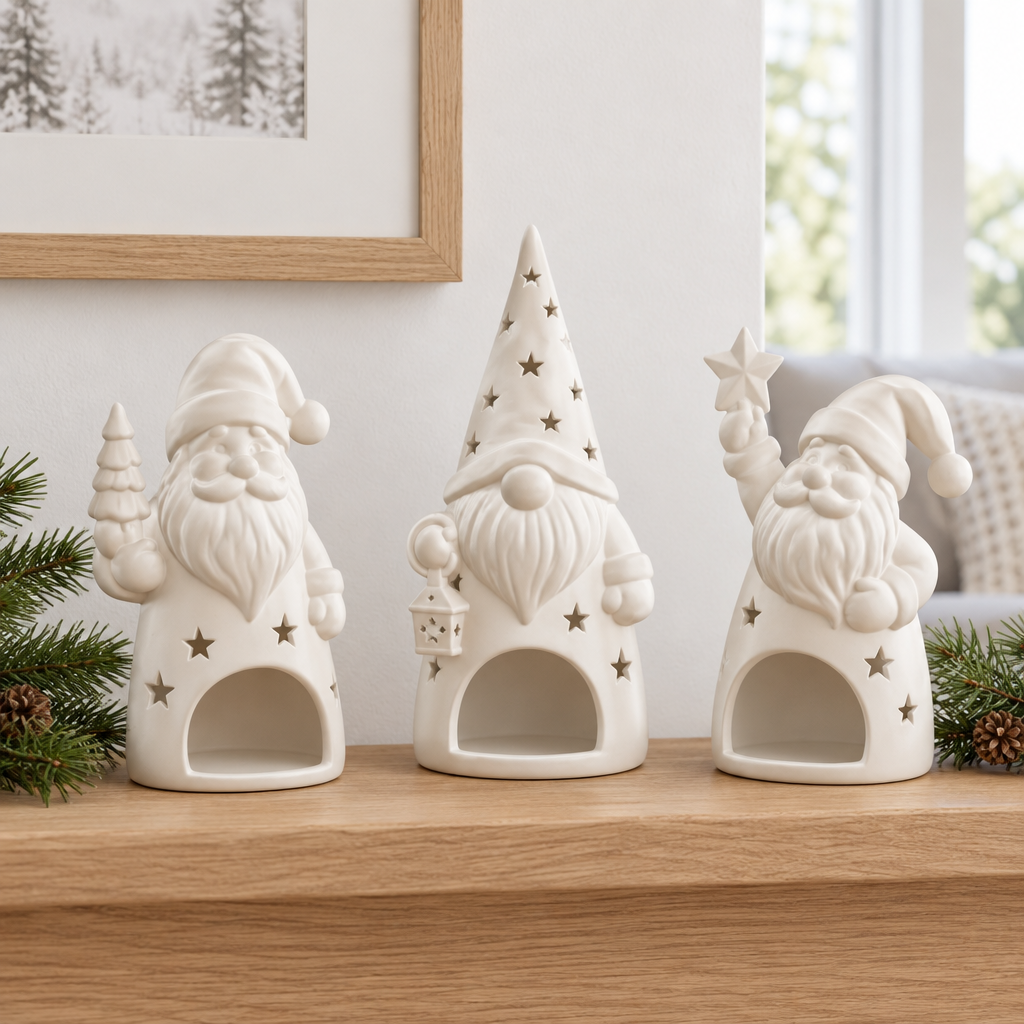 Three white Santa-style tealight holders styled unlit on a light oak console.