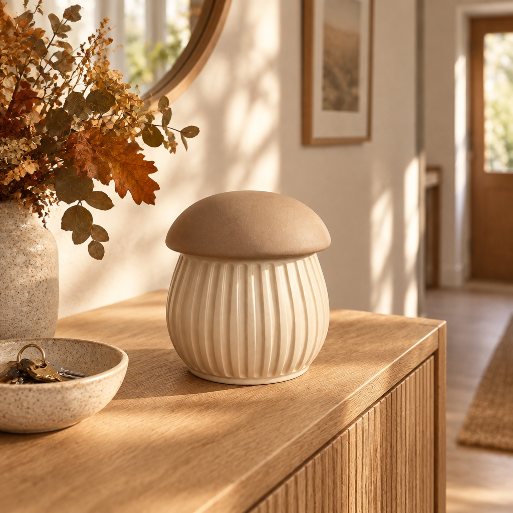 Beige ribbed mushroom container on a hallway console
