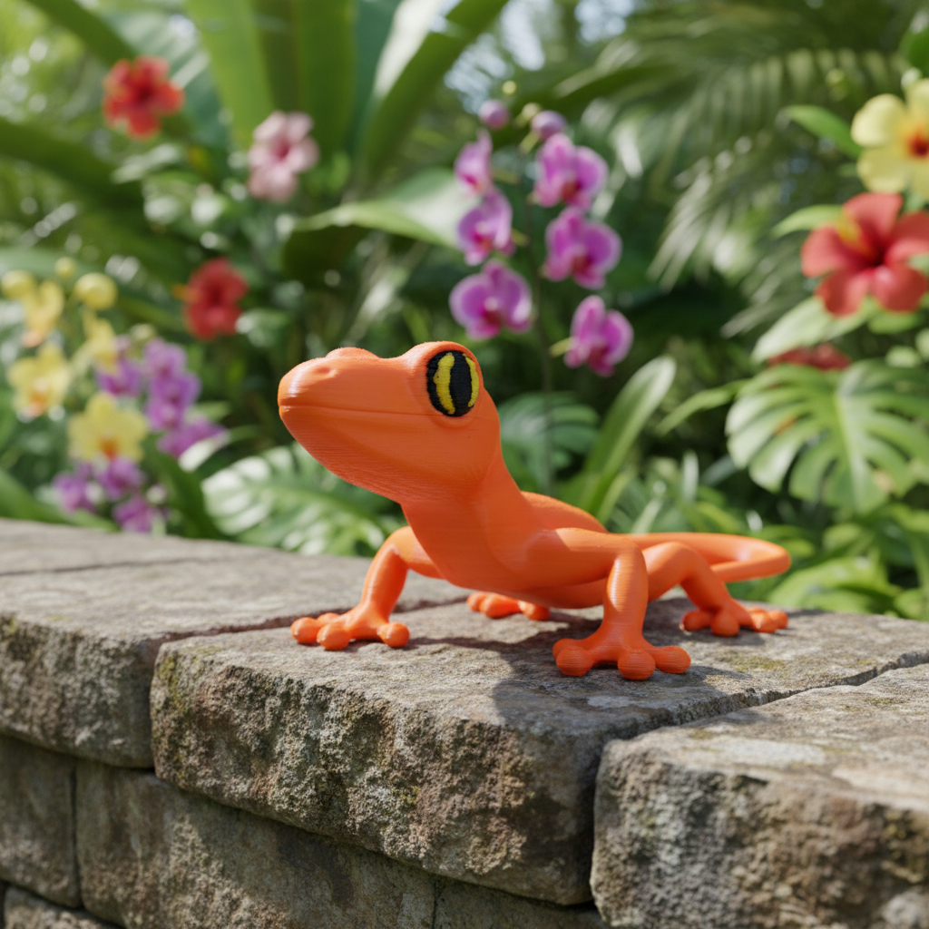 Tiny Desert Gecko Figurine - orange colourway on garden stone wall with tropical leaves