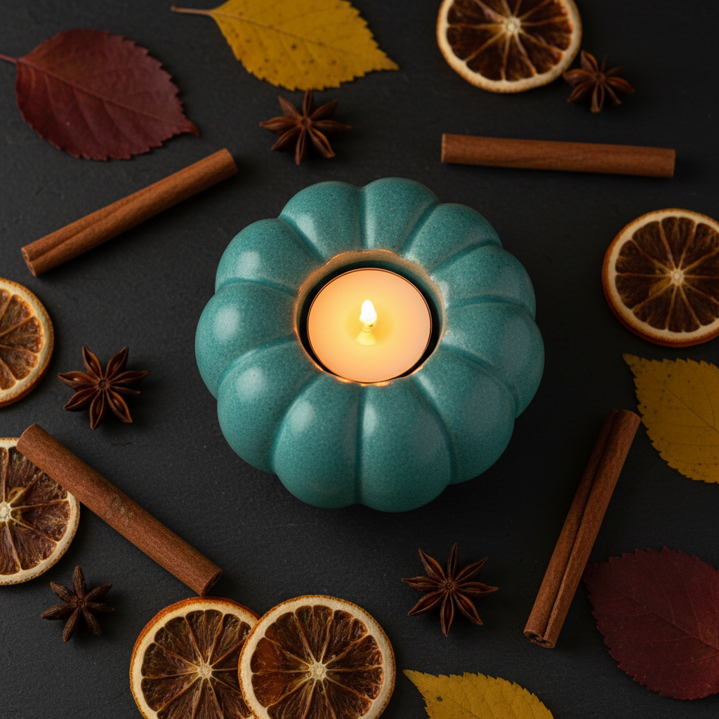 Ribbed pumpkin tealight holder glowing flat lay with cinnamon sticks star anise and autumn leaves editorial lifestyle