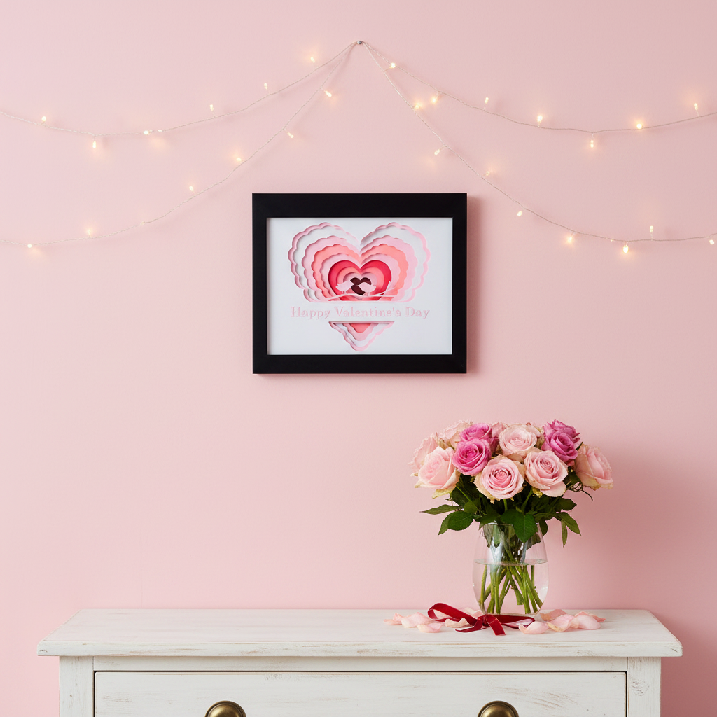 Valentine's Day Lovebirds Shadow Box displayed on pastel pink wall in cosy bedroom with fairy lights and pink roses