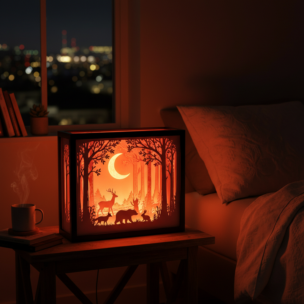 Moonlit Forest Walk Shadow Box glowing softly on bedside table in dark cosy bedroom