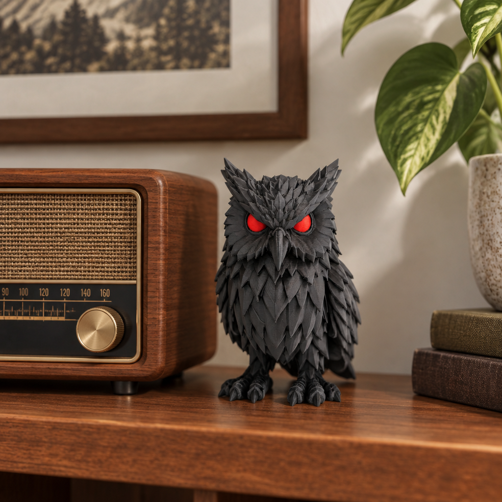 Crimson Watcher Owl beside vintage radio
