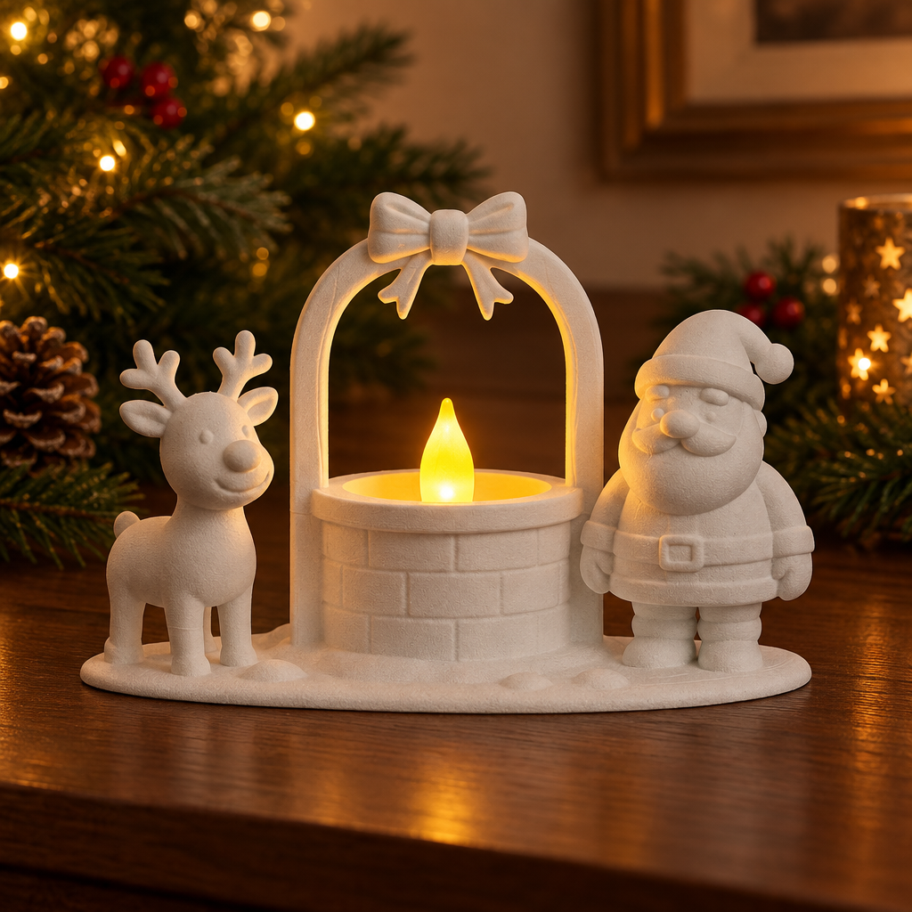 Santa and reindeer tealight well holder glowing on an evening console