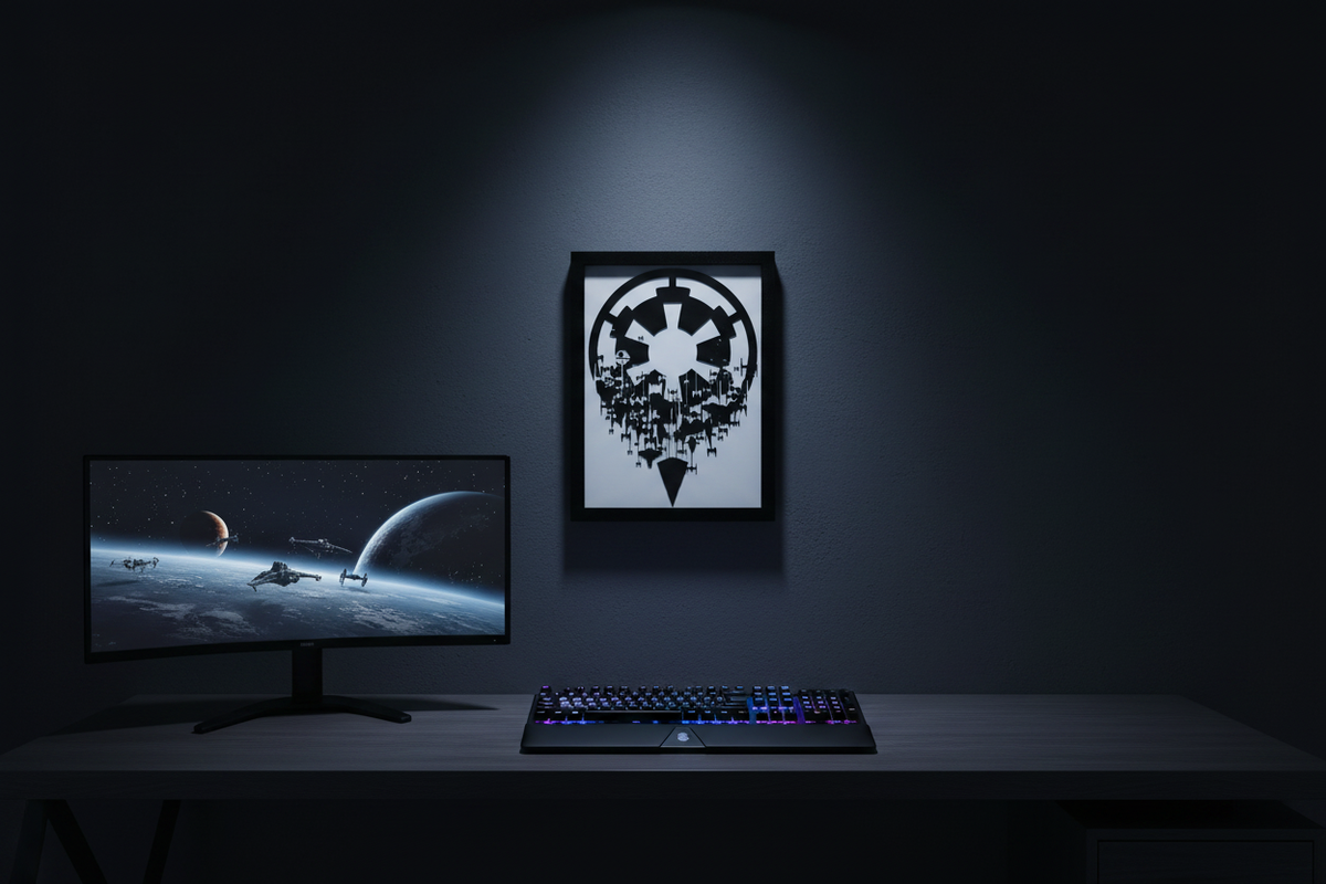 Echoes of the Empire shadow box hung on a charcoal wall in a moody home office gaming room