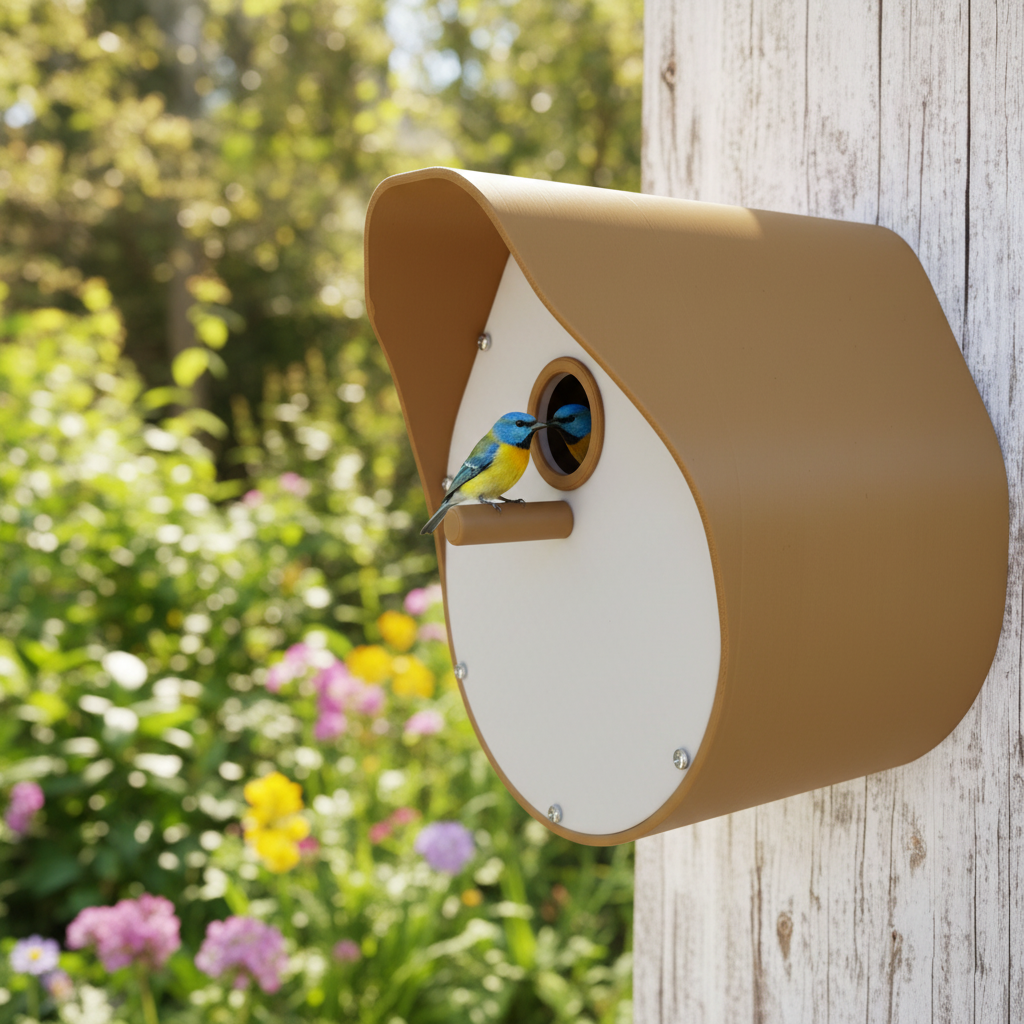 Modern curved birdhouse with tan roof mounted on weathered white fence in lush spring garden