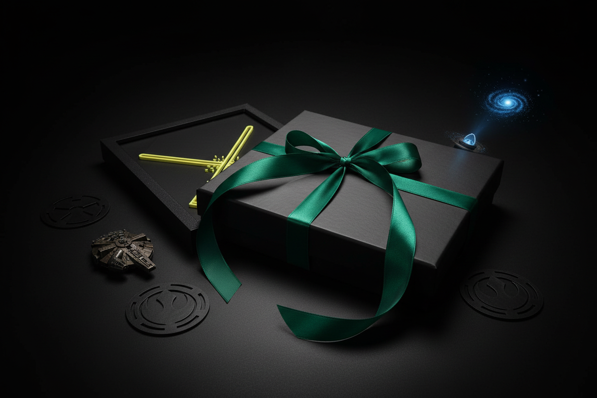 Lightsabers Neon Line Art shadow box presented as a gift in a sleek black box with green ribbon