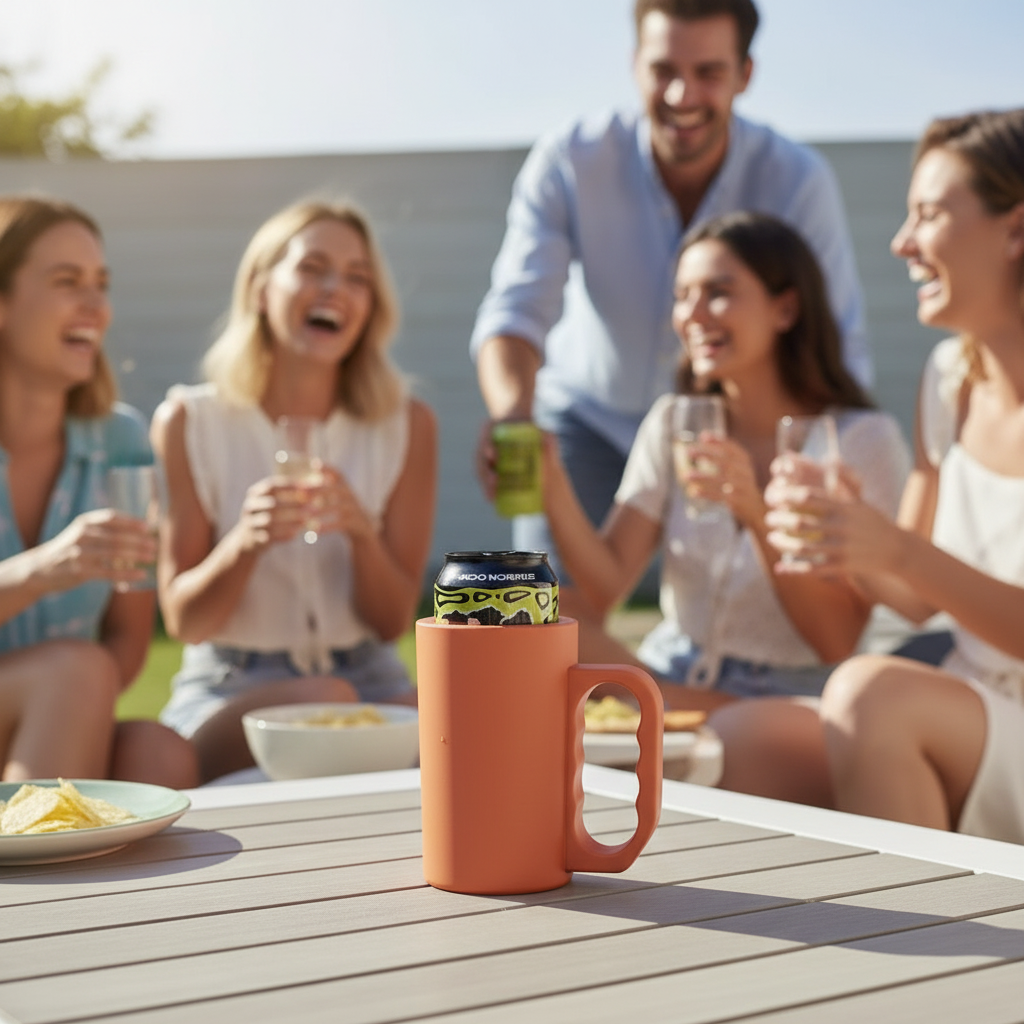 Terracotta orange insulating can cooler on wooden picnic table at sunny BBQ with friends in background