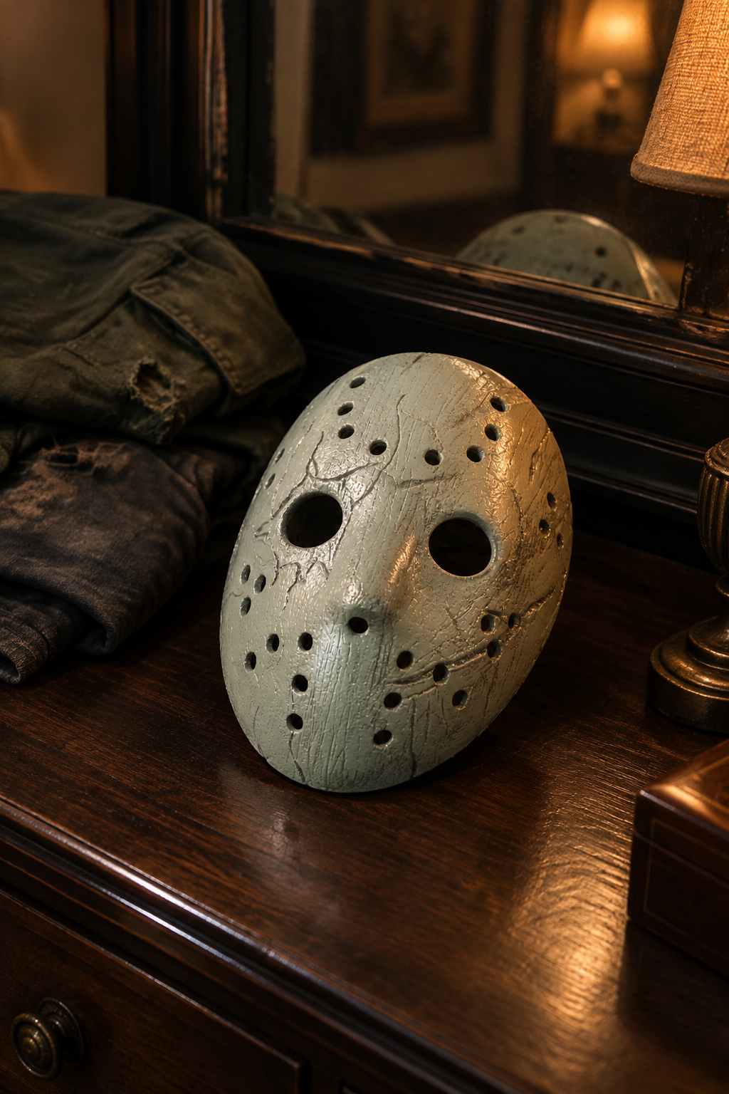 Pale weathered Jason Mask on a dark wood dressing table