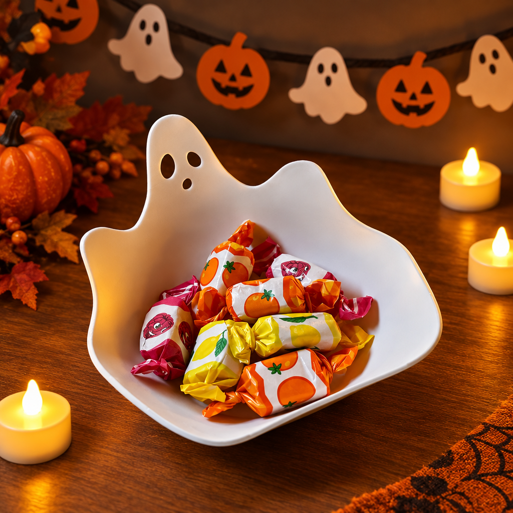 White ghost-shaped sweet tray at a Halloween buffet with wrapped sweets and subtle decorations
