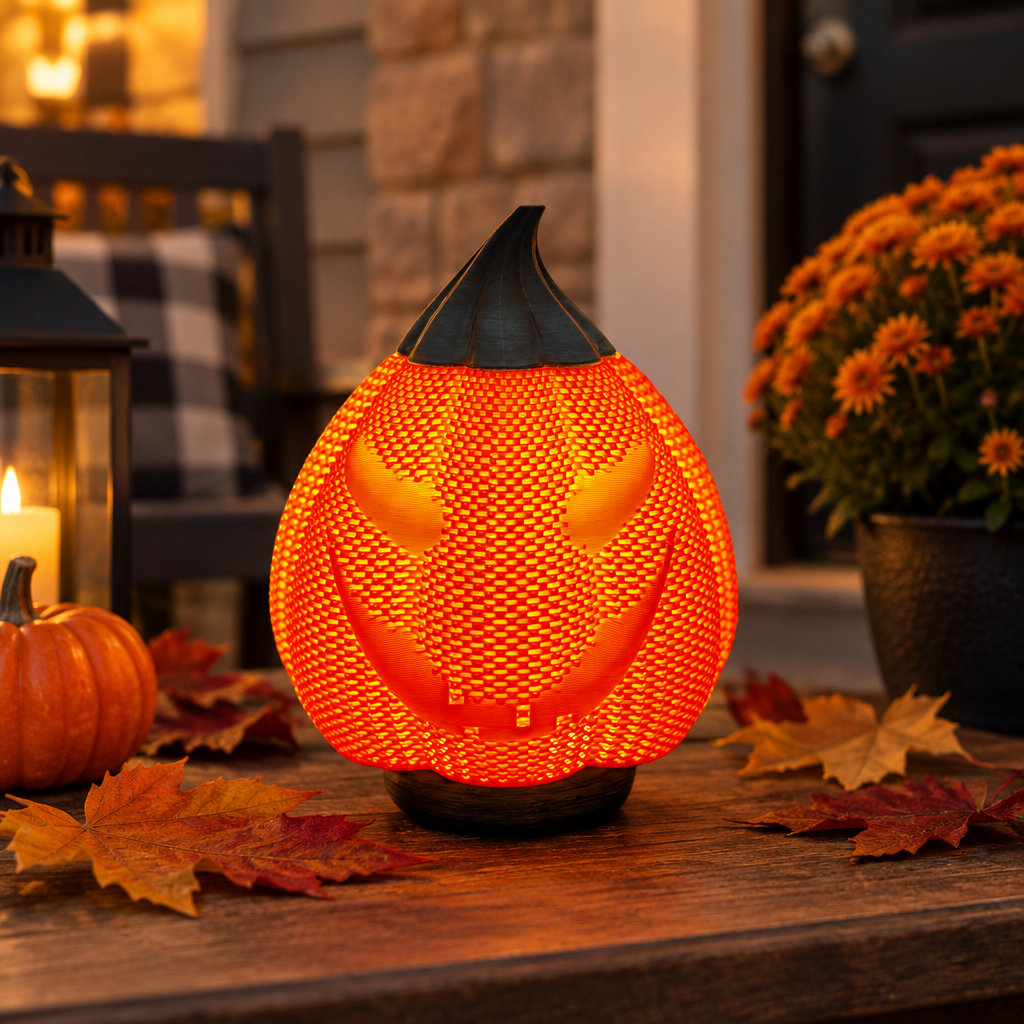 Orange Evil Pumpkin decoration on a sheltered autumn front porch display